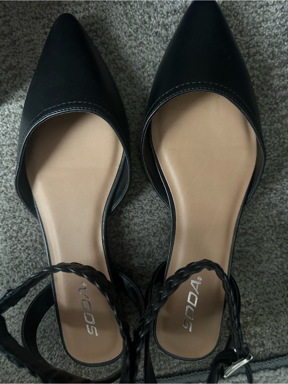 Soda Black Pointed D'Orsay Flats with Braided Ankle Strap